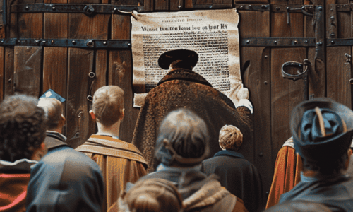 Martin Luther schlägt seine 95 Thesen an die Tür der Schlosskirche in Wittenberg, der Beginn der Reformation.